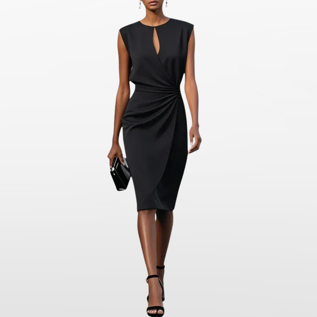 Women Elegant Midi Dress Pleated Waist