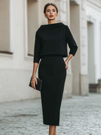 Women's Boat Neck Midi Dress with Three-Quarter Sleeves