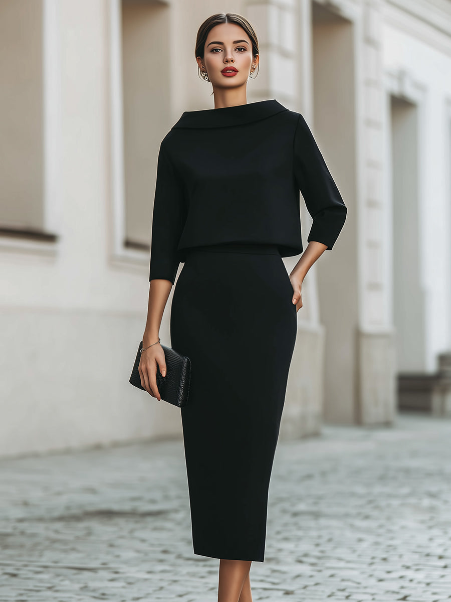 Women's Boat Neck Midi Dress with Three-Quarter Sleeves