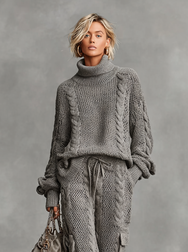 Women's Cable Knit Turtleneck Sweater and Pants Set
