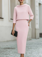 Women's Boat Neck Midi Dress with Three-Quarter Sleeves