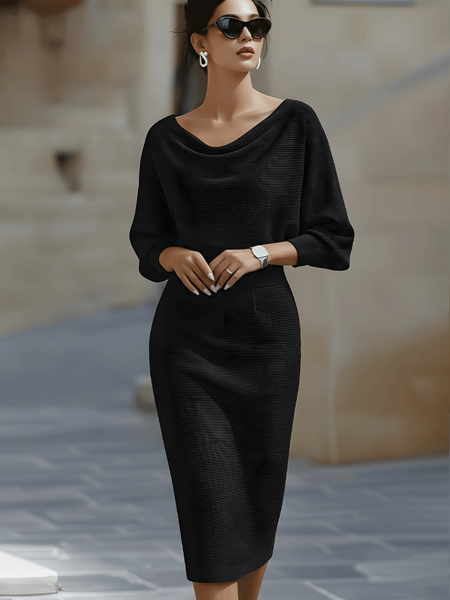 Women's Cowl Neck Knit Midi Dress with Batwing Sleeves