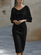 Women's Cowl Neck Knit Midi Dress with Batwing Sleeves