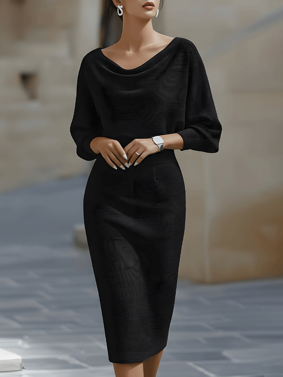 Women's Cowl Neck Knit Midi Dress with Batwing Sleeves