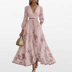 Women Elegant Pleated Maxi Dress V Neck