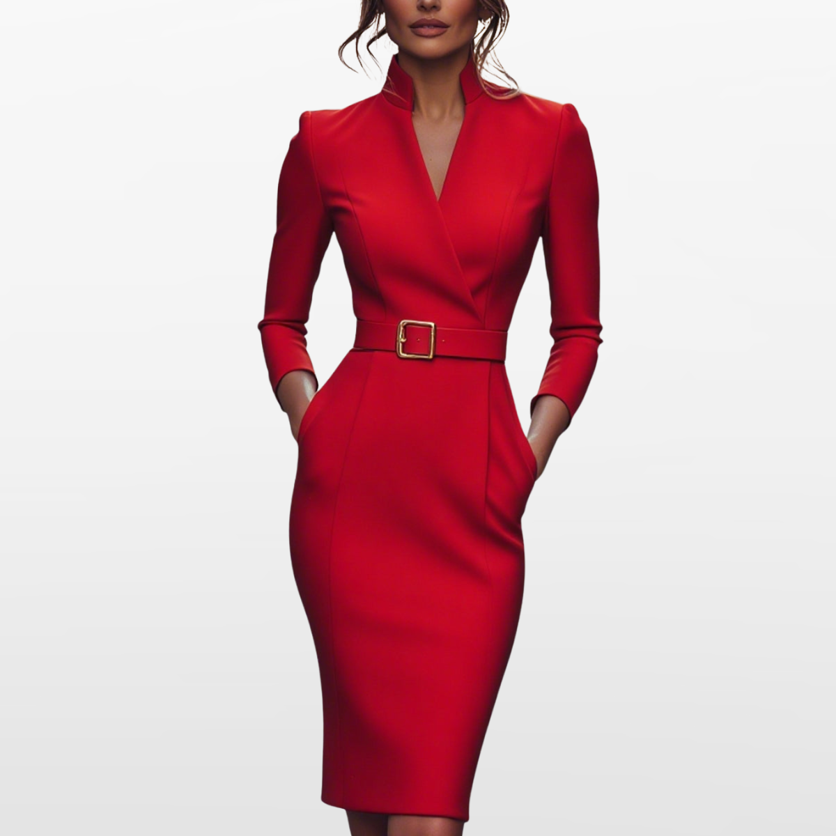 Women Tailored Midi Dress Belted Silhouette