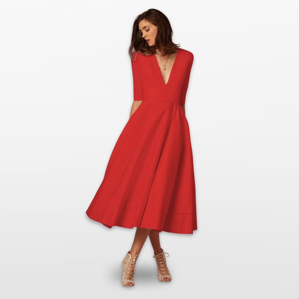 Women V Neck Fit and Flare Midi Dress