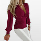 Women’s Long Sleeve V Neck Top Ruched Waist