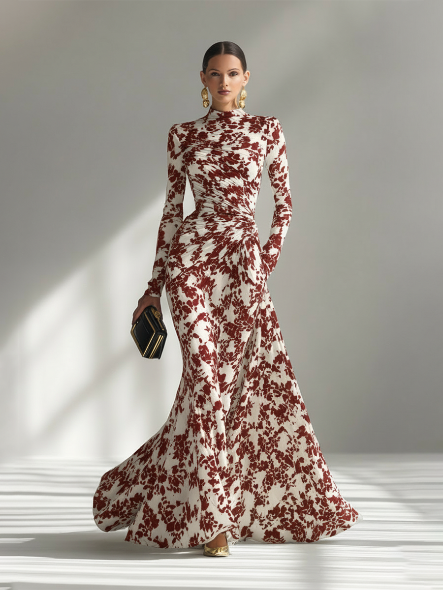 Women's Floral Print Ruched Long Sleeve Maxi Dress