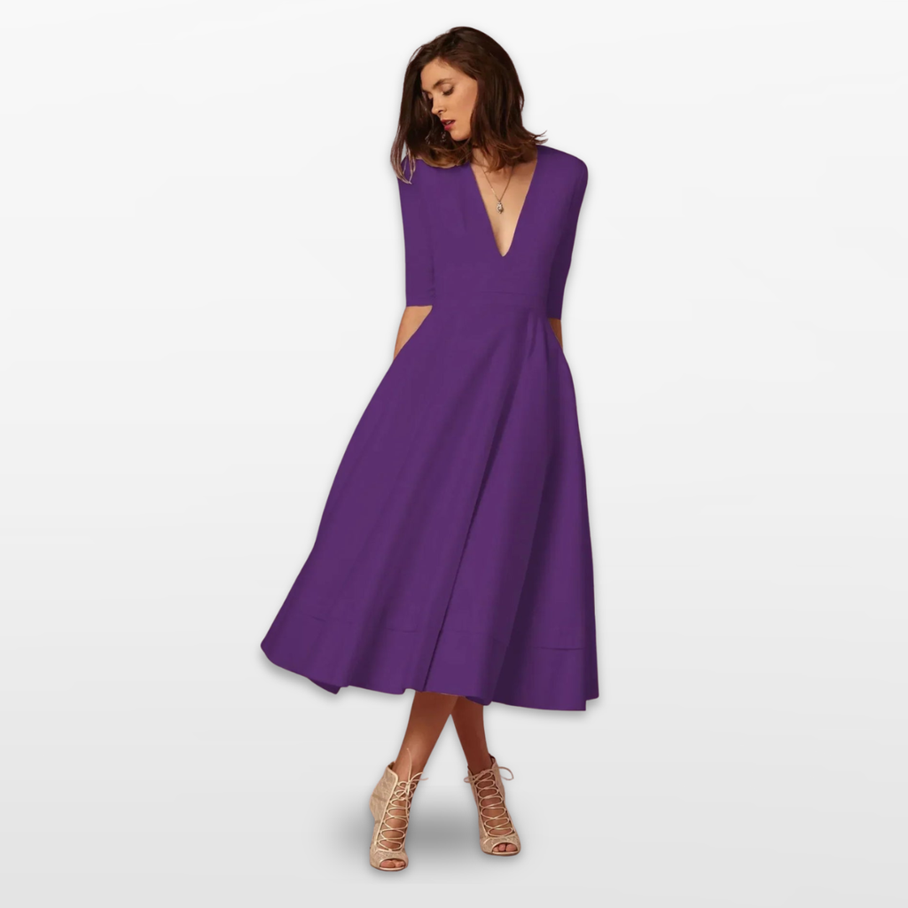 Women V Neck Fit and Flare Midi Dress