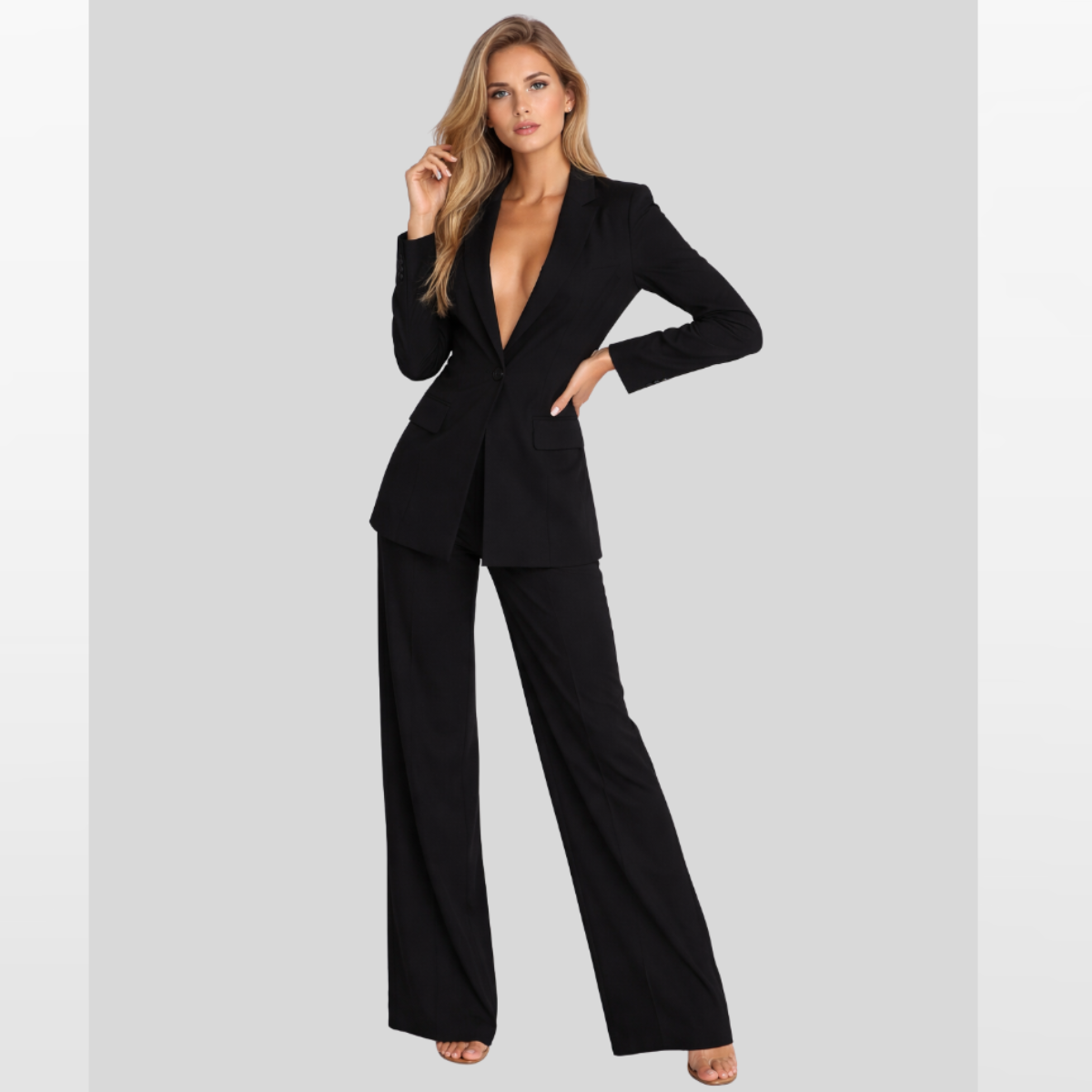Women Deep V Blazer Wide Leg Suit