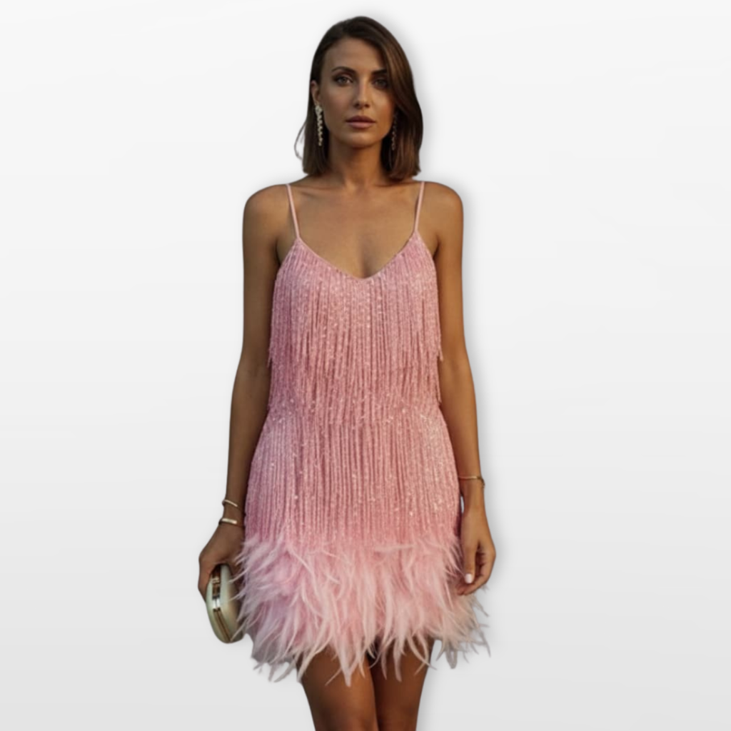 Women Feather Hem Mini Dress Elegant