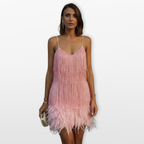Women Feather Hem Mini Dress Elegant