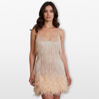 Women Feather Hem Mini Dress Elegant