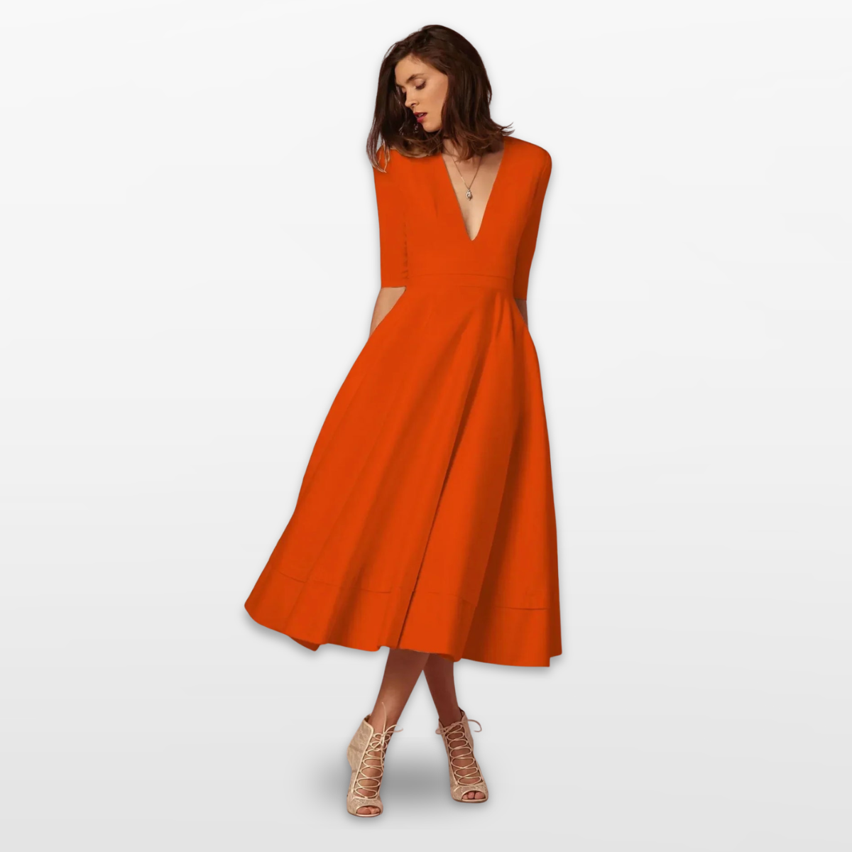 Women V Neck Fit and Flare Midi Dress