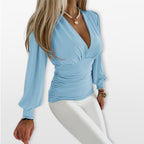 Women’s Long Sleeve V Neck Top Ruched Waist