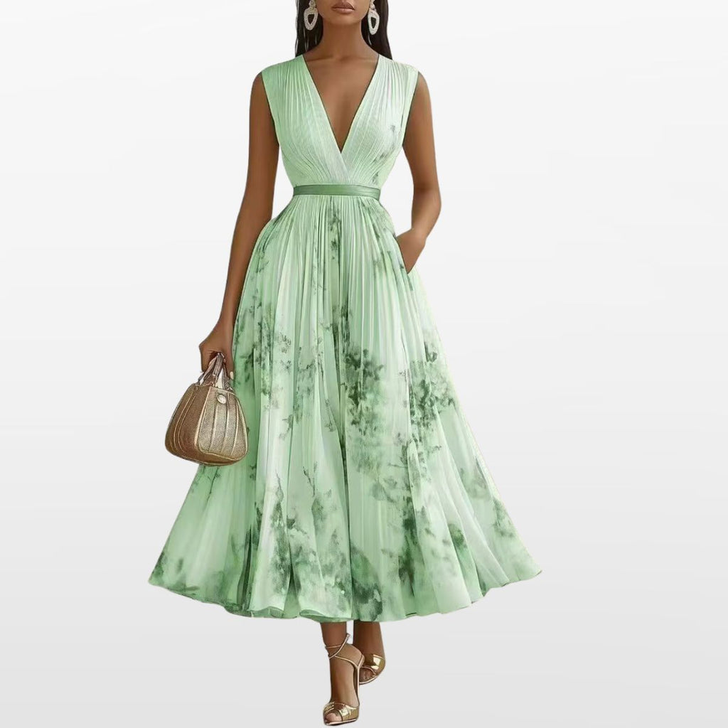 Women Elegant Pleated Maxi Dress V Neck