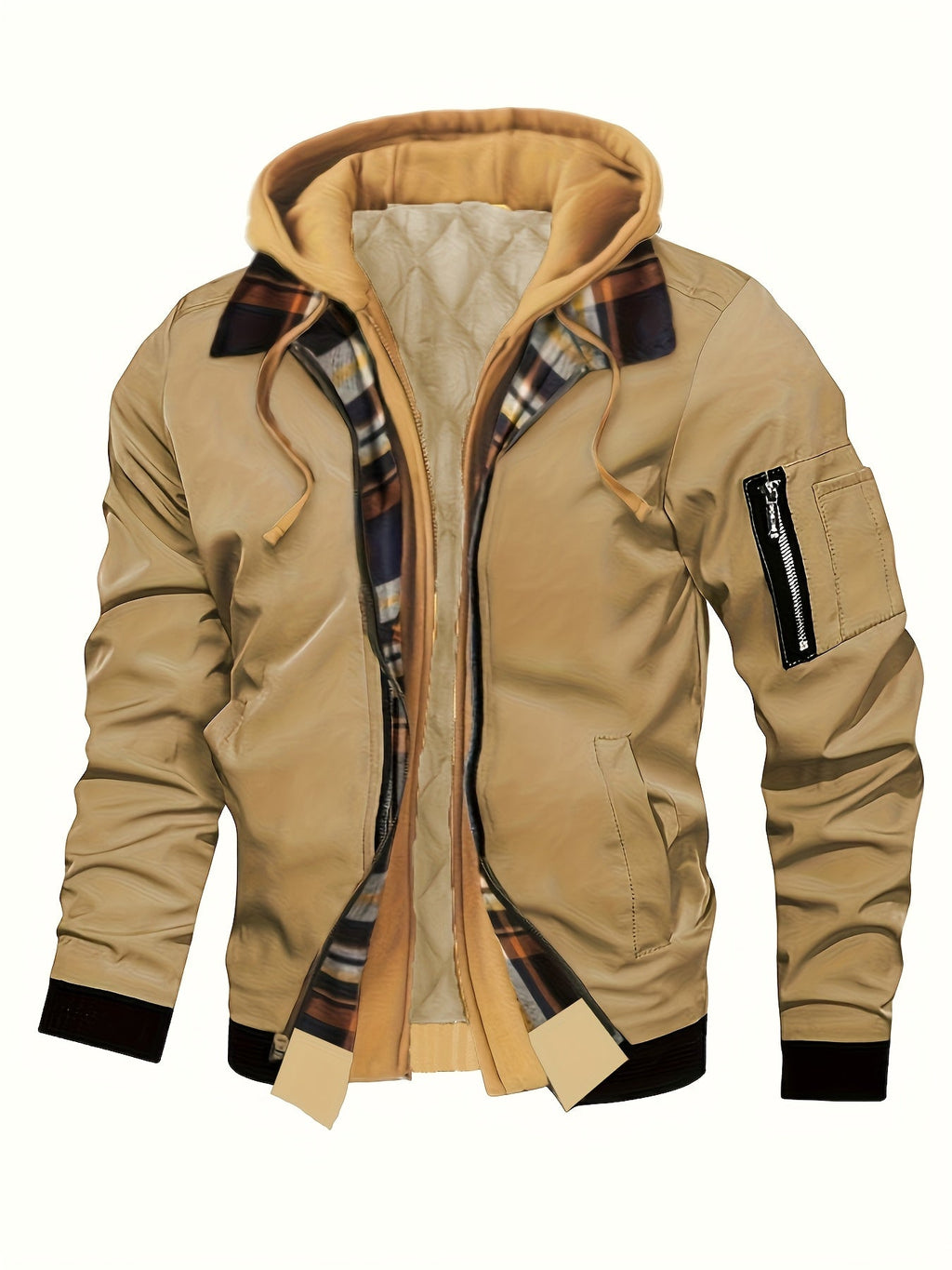 Men’s Hooded Jacket with Plaid Trim