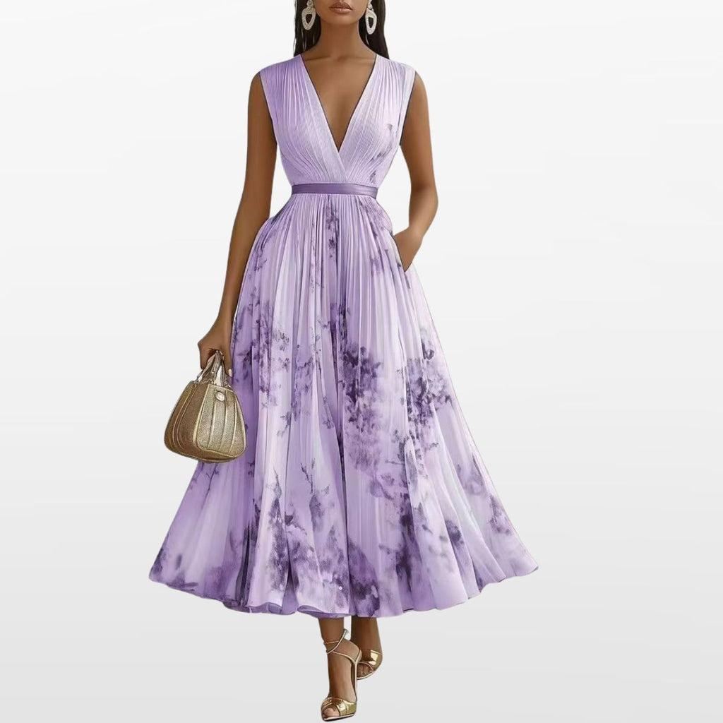 Women Elegant Pleated Maxi Dress V Neck