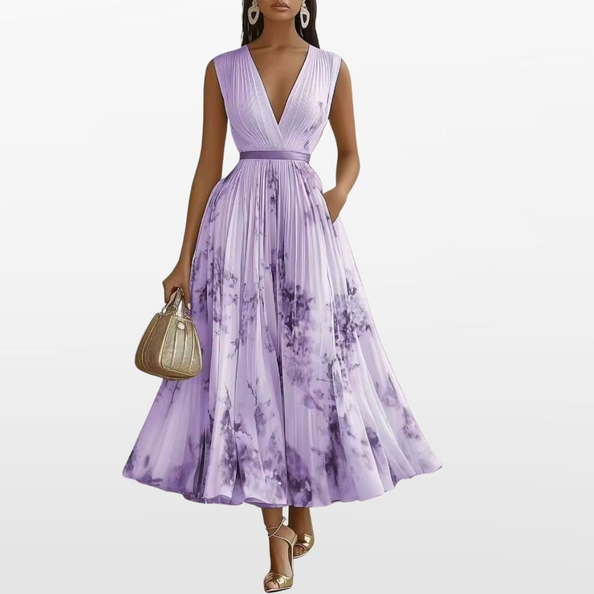 Women Elegant Pleated Maxi Dress V Neck