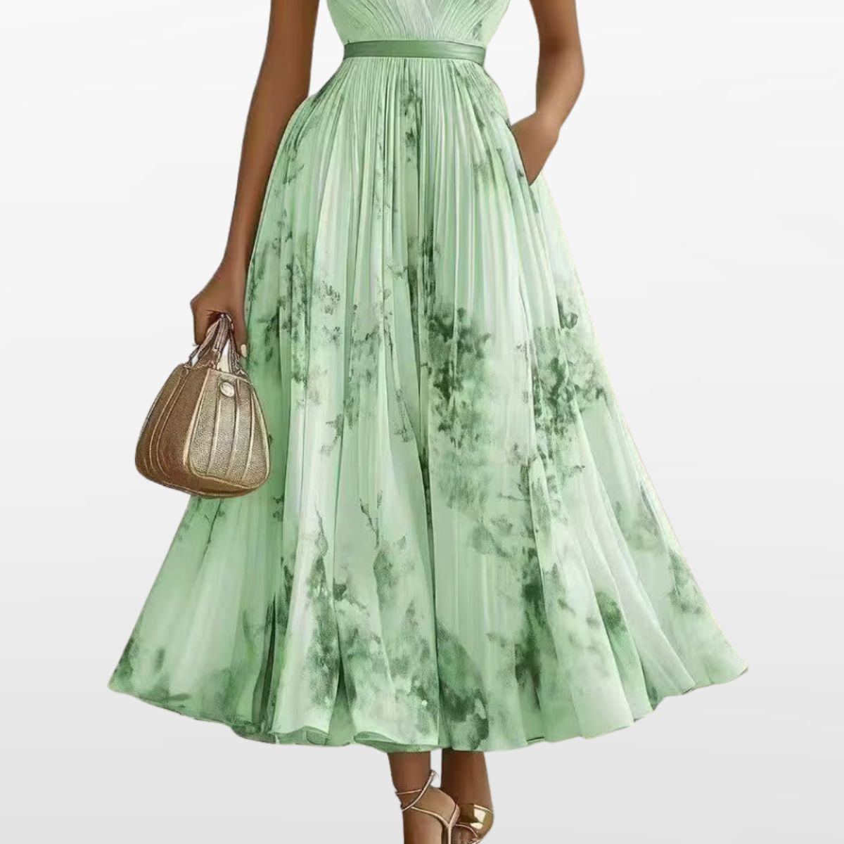 Women Elegant Pleated Maxi Dress V Neck