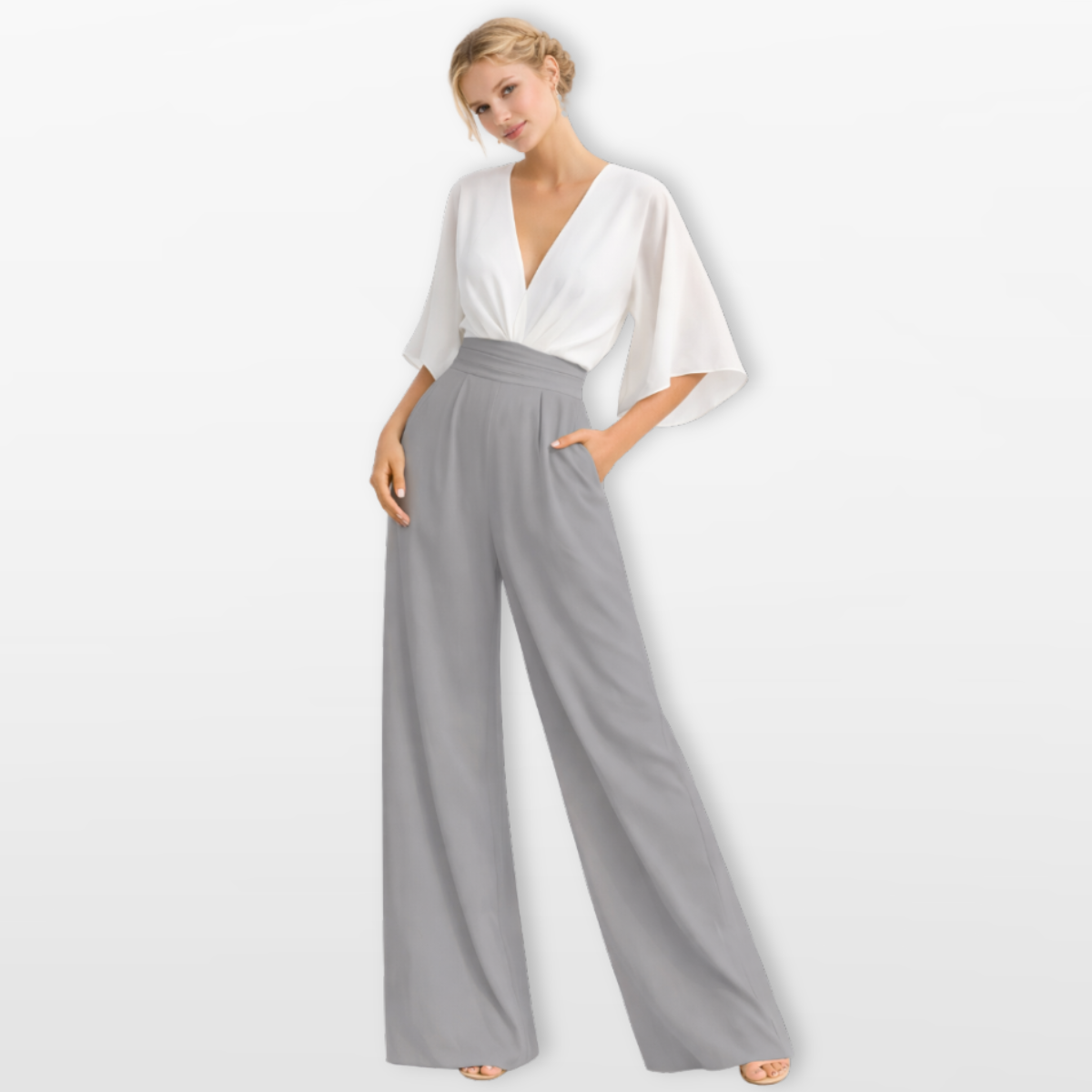 Women Elegant V Neck Wide Leg Jumpsuit