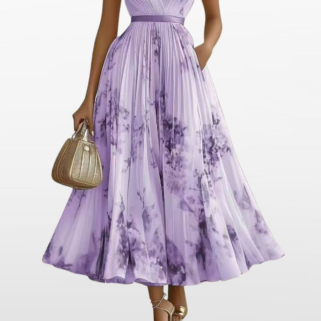 Women Elegant Pleated Maxi Dress V Neck