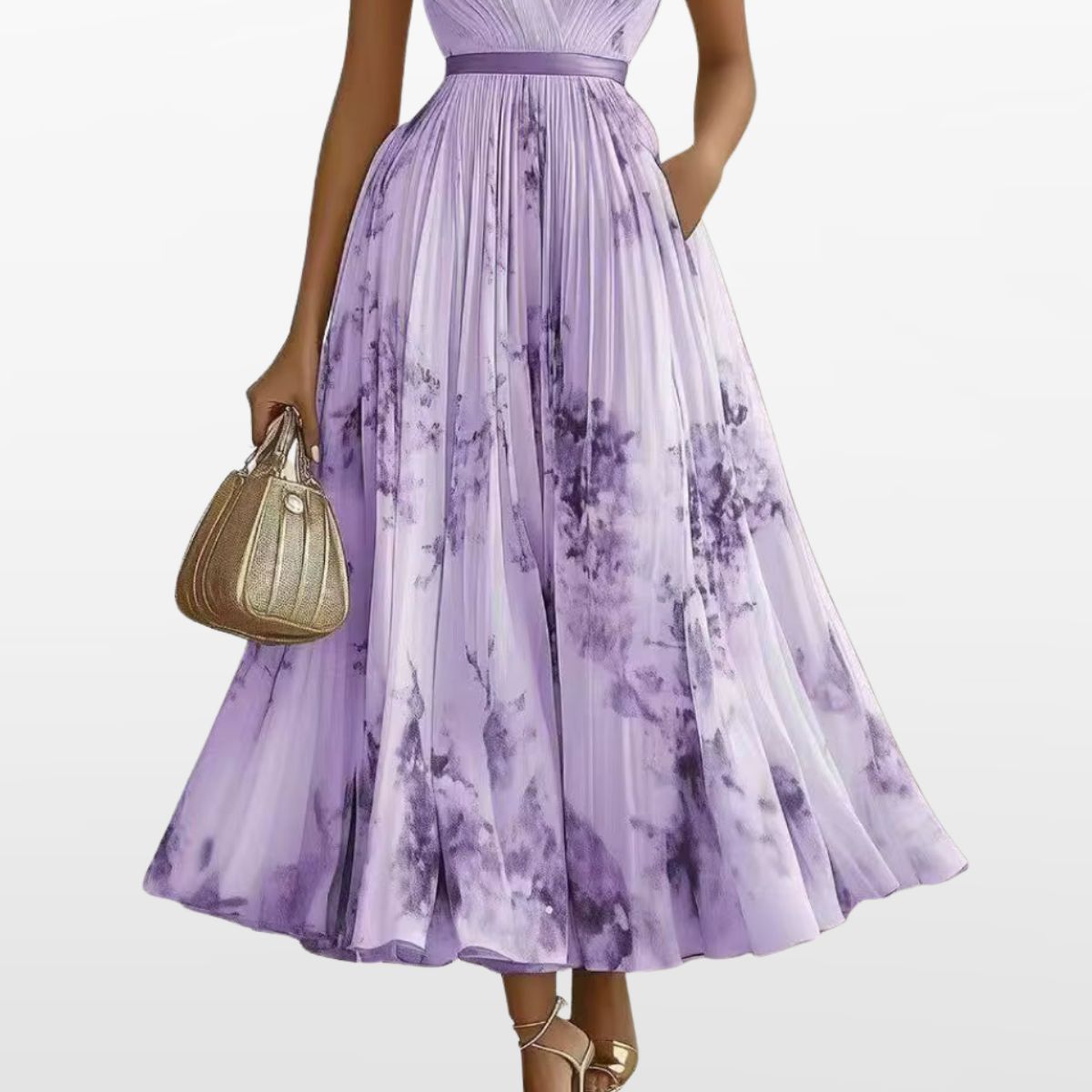Women Elegant Pleated Maxi Dress V Neck