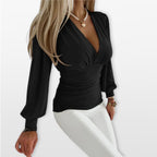 Women’s Long Sleeve V Neck Top Ruched Waist