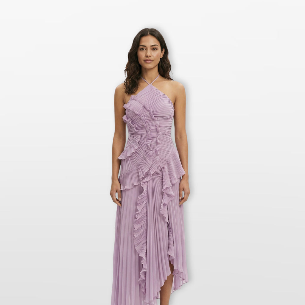 Women’s Pleated Ruffle Evening Dress Halter Maxi