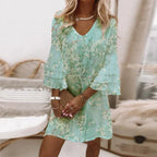 Women's V Neck Printed Mini Dress