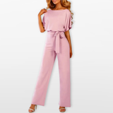 Women Relaxed Wide Leg Tie Waist Jumpsuit