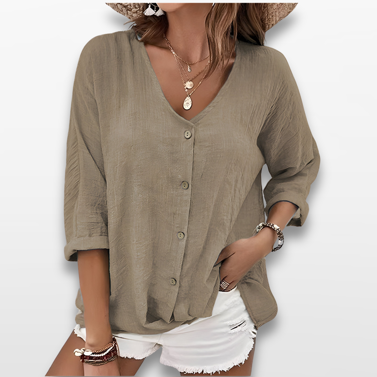 Women V Neck Button Blouse Casual Top