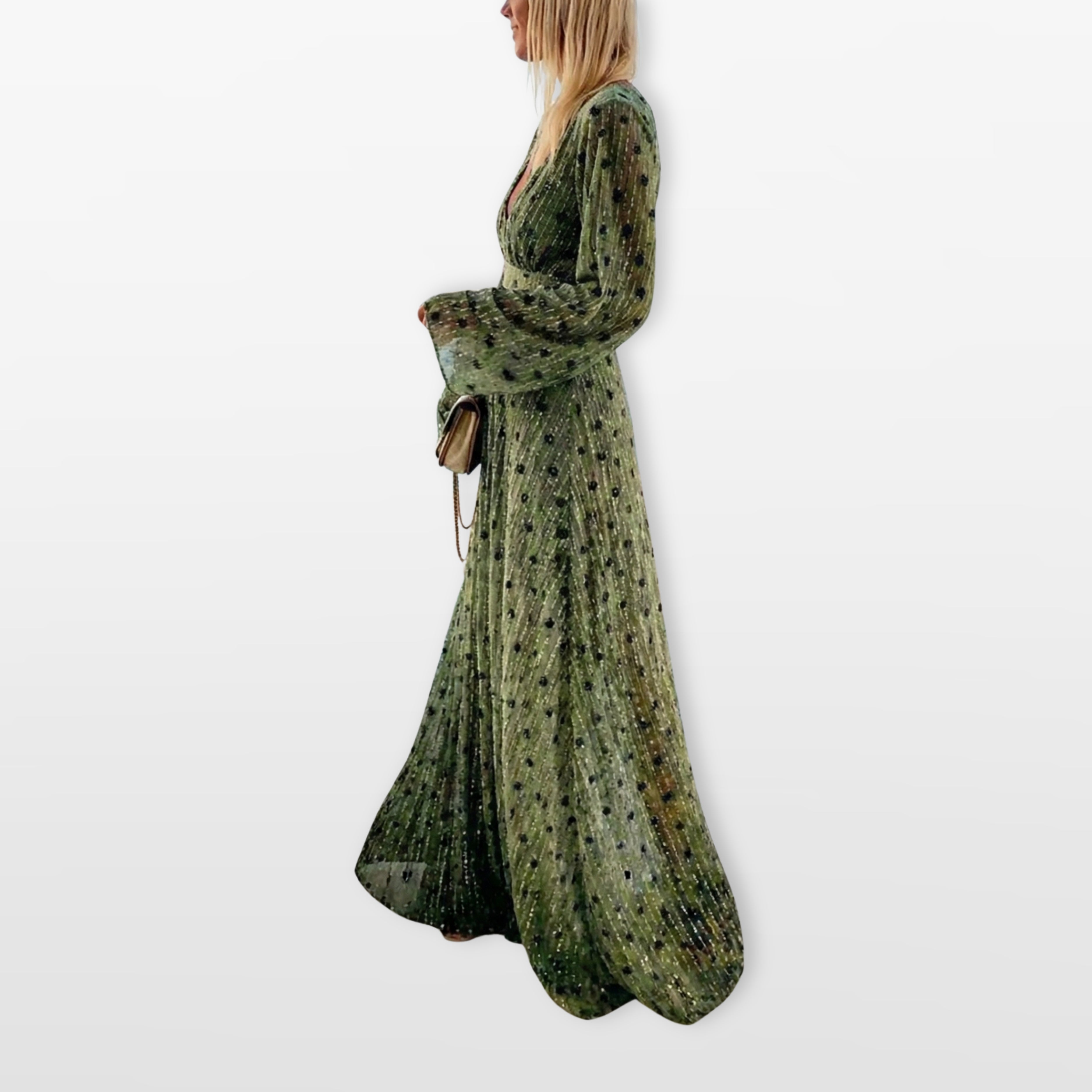 Women’s V Neck Maxi Dress Long Sleeve Flowing