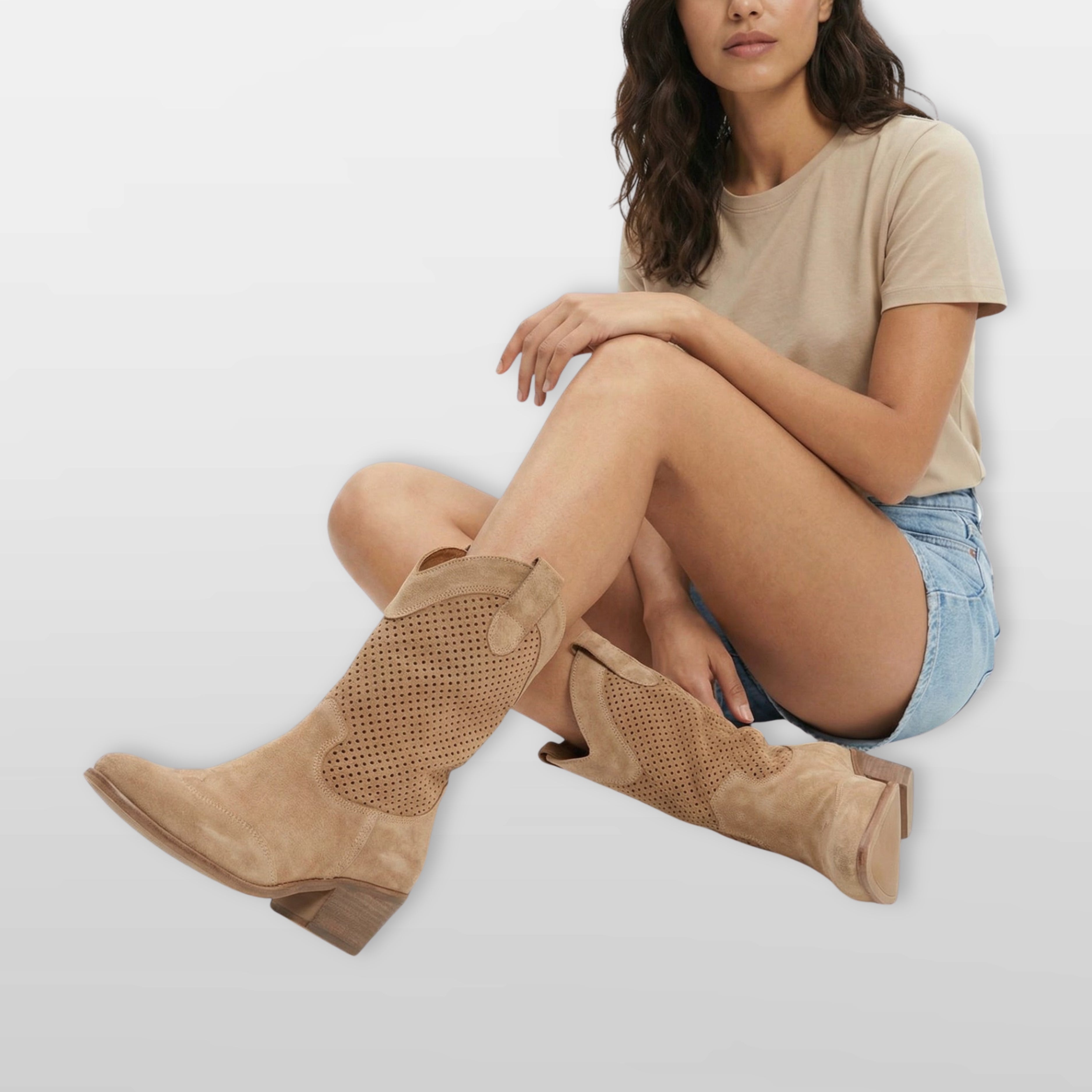 Women’s Perforated Cowboy Boots Western Suede