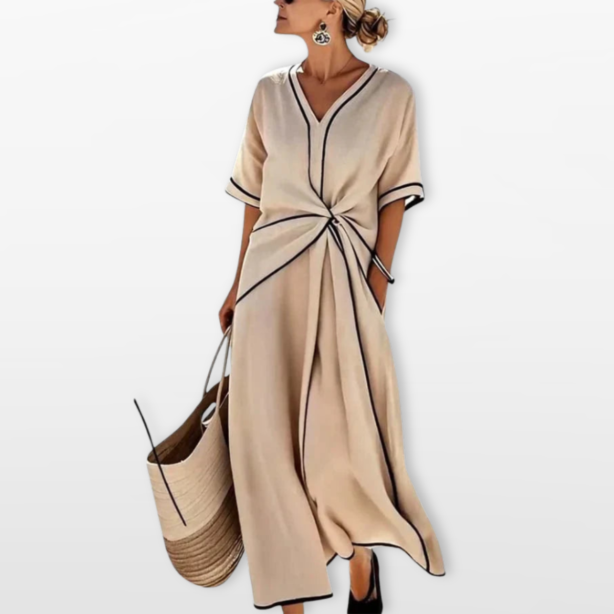 Women V Neck Midi Dress Twist Waist