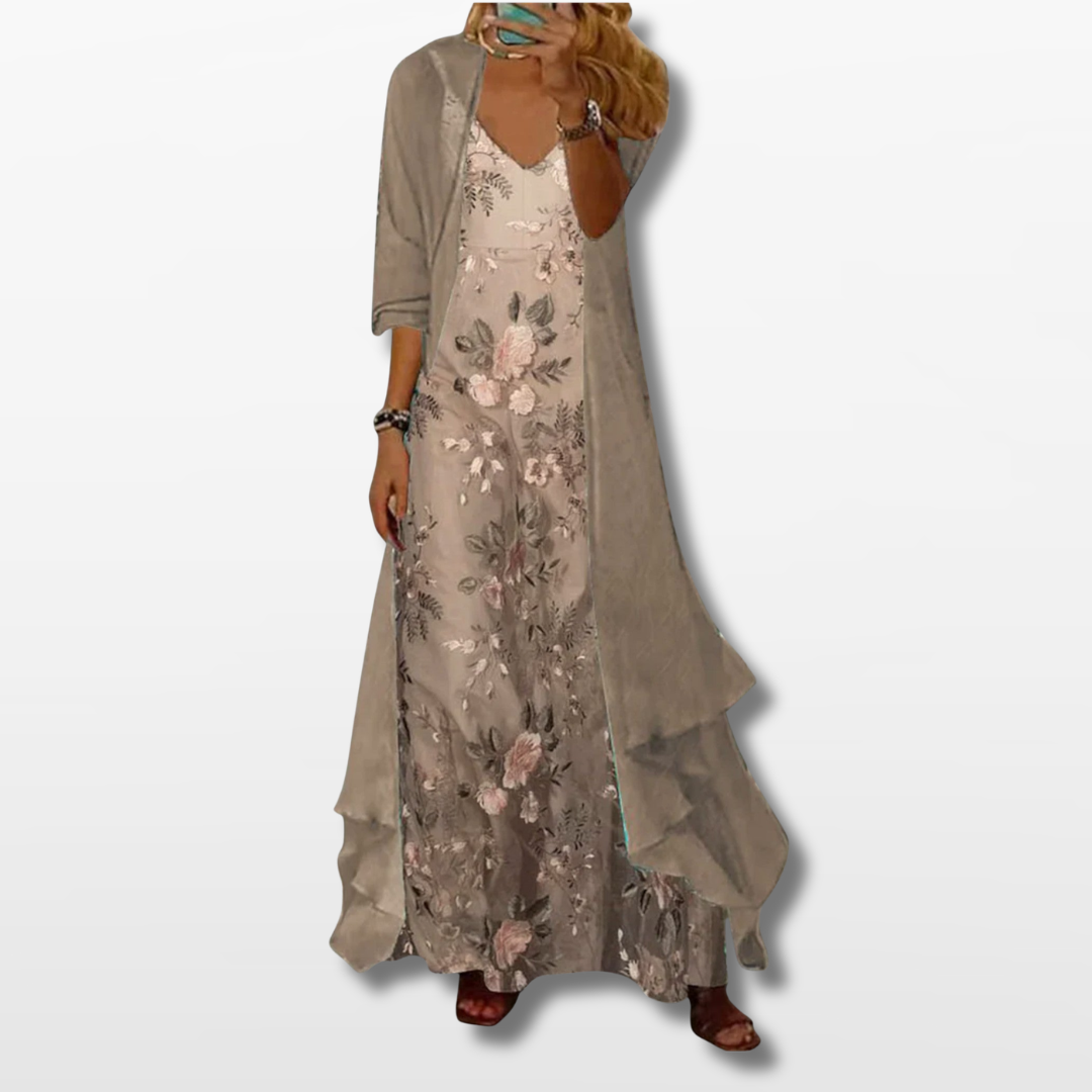 Women Floral Maxi Dress with Long Cardigan