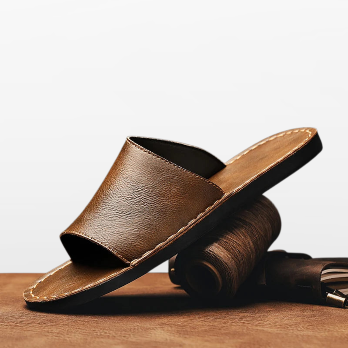 Men Leather Slide Sandals Minimal Summer