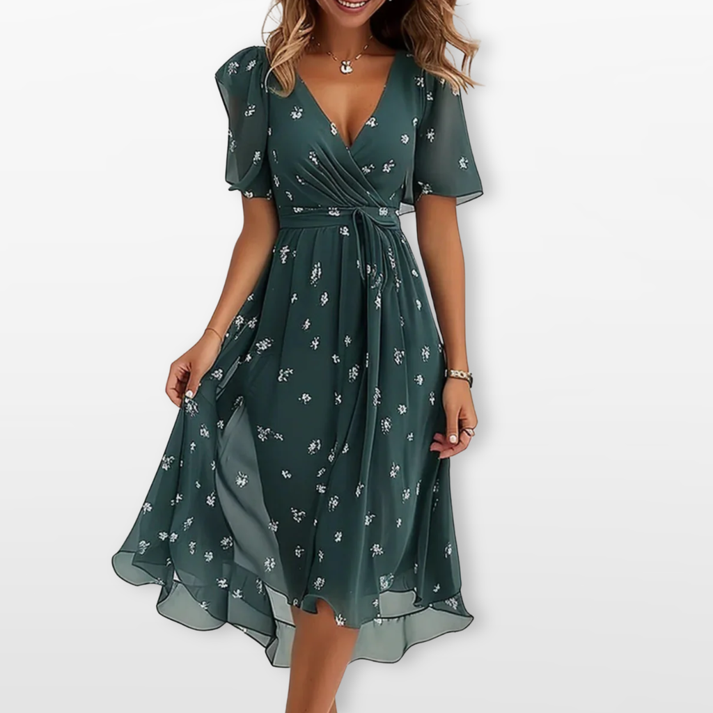 Women Floral Wrap Midi Dress Elegant Flow