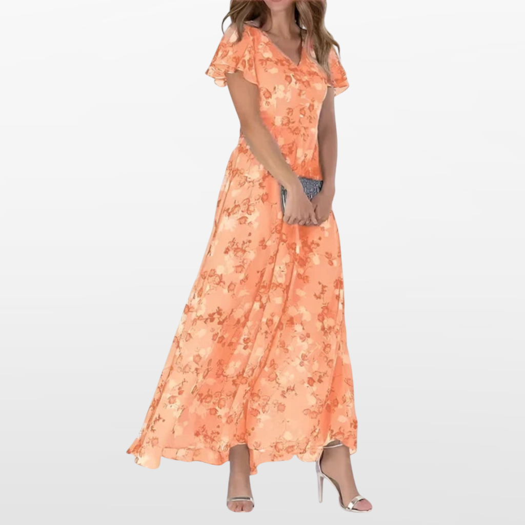 Women Floral Maxi Dress Flutter Sleeve