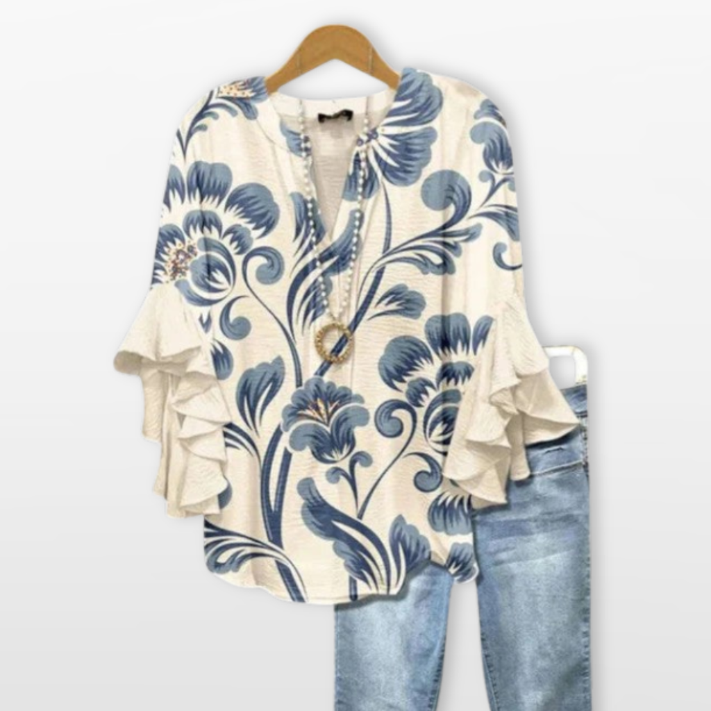 Women V Neck Blouse Floral Ruffle Sleeve