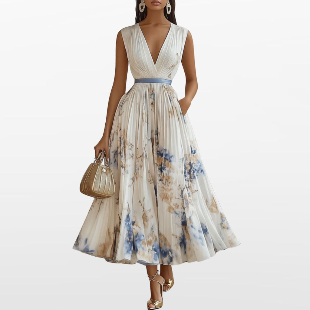 Women Elegant Pleated Maxi Dress V Neck