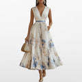 Women Elegant Pleated Maxi Dress V Neck