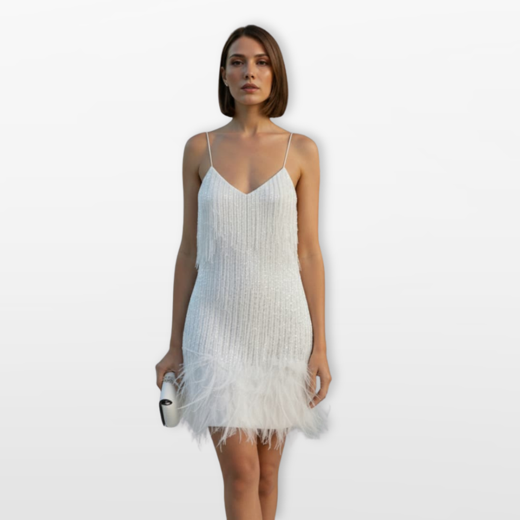 Women Feather Hem Mini Dress Elegant