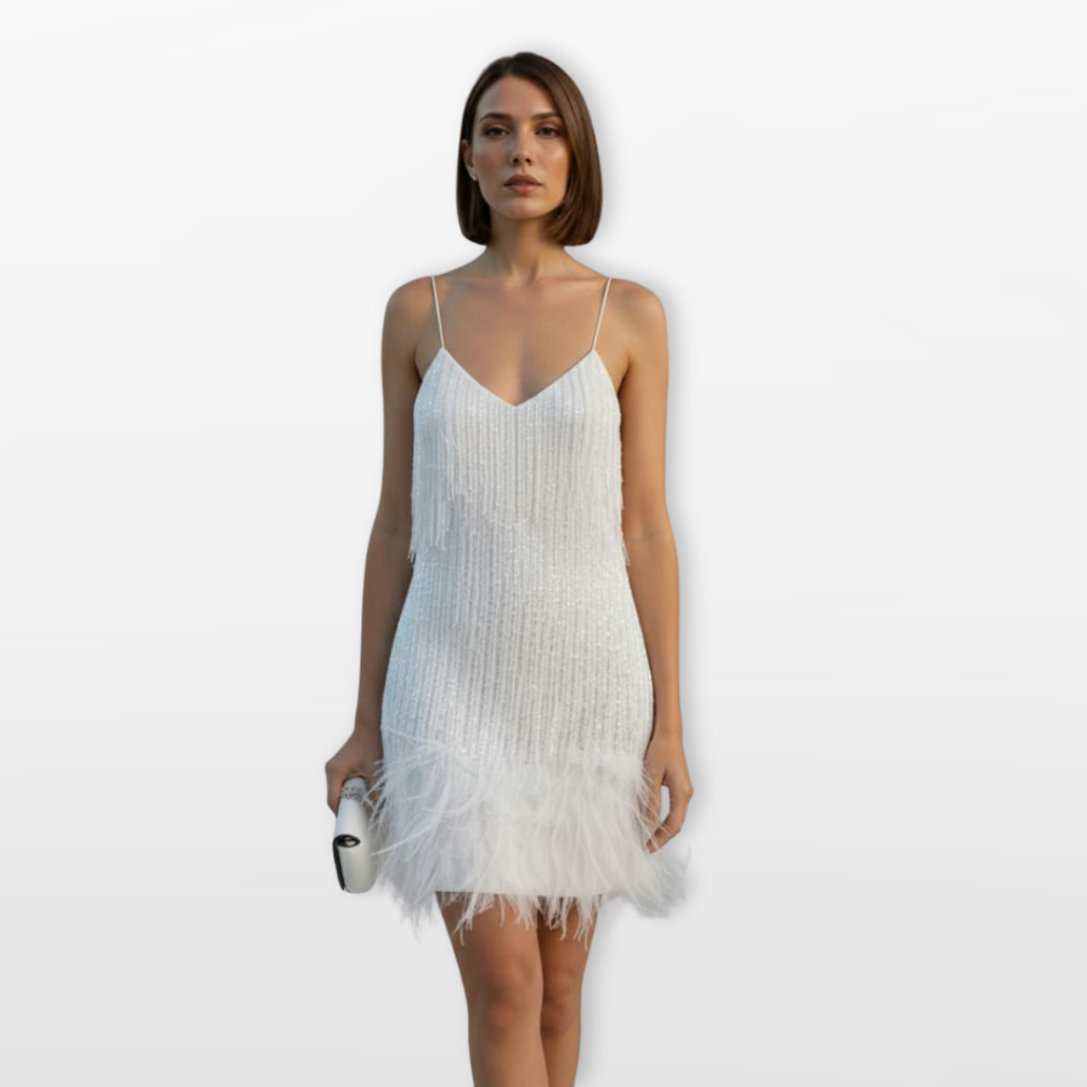 Women Feather Hem Mini Dress Elegant