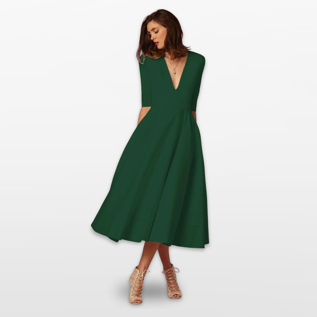 Women V Neck Fit and Flare Midi Dress