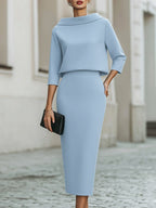 Women's Boat Neck Midi Dress with Three-Quarter Sleeves