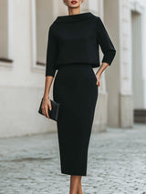 Women's Boat Neck Midi Dress with Three-Quarter Sleeves