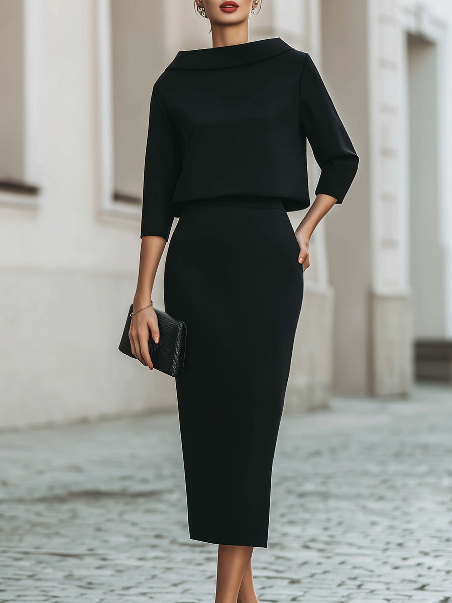 Women's Boat Neck Midi Dress with Three-Quarter Sleeves