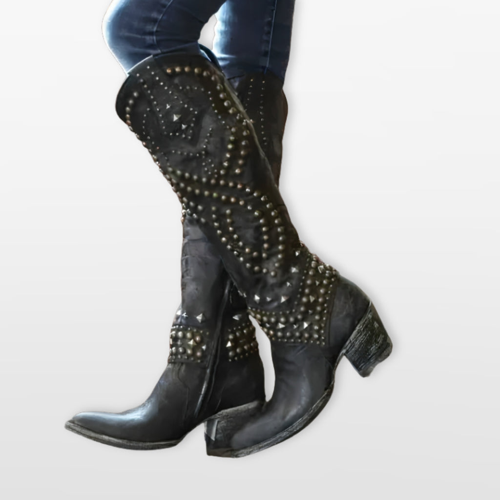 Women Studded Western Knee High Boots